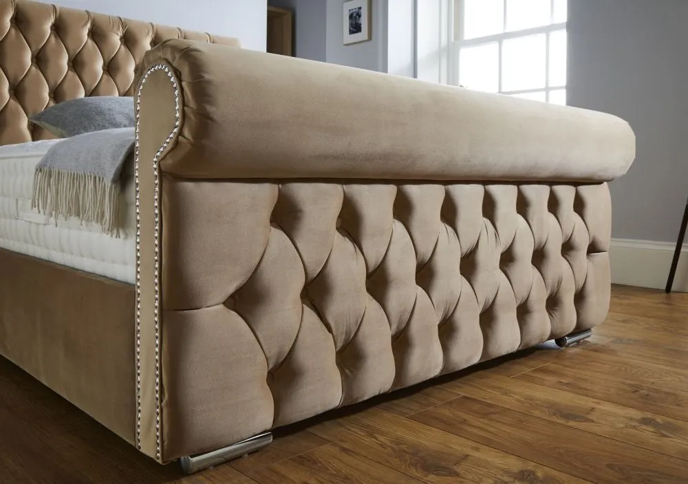 Bisma Fabric Chesterfield Sleigh Bed - 4ft 6in Double