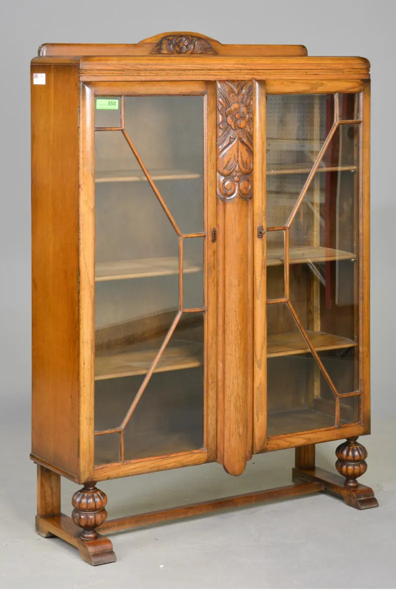 British Carved Oak Double Door Bookcase