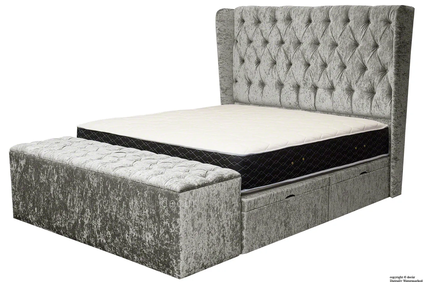 Elizabeth Winged Buttoned Crushed Velvet Bed - Pewter