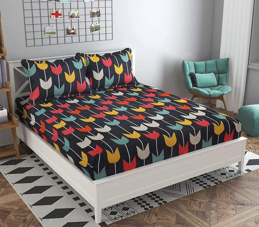 Glace Cotton Double Bedsheet with 2 Pillow Covers (Multi Grey Patti)