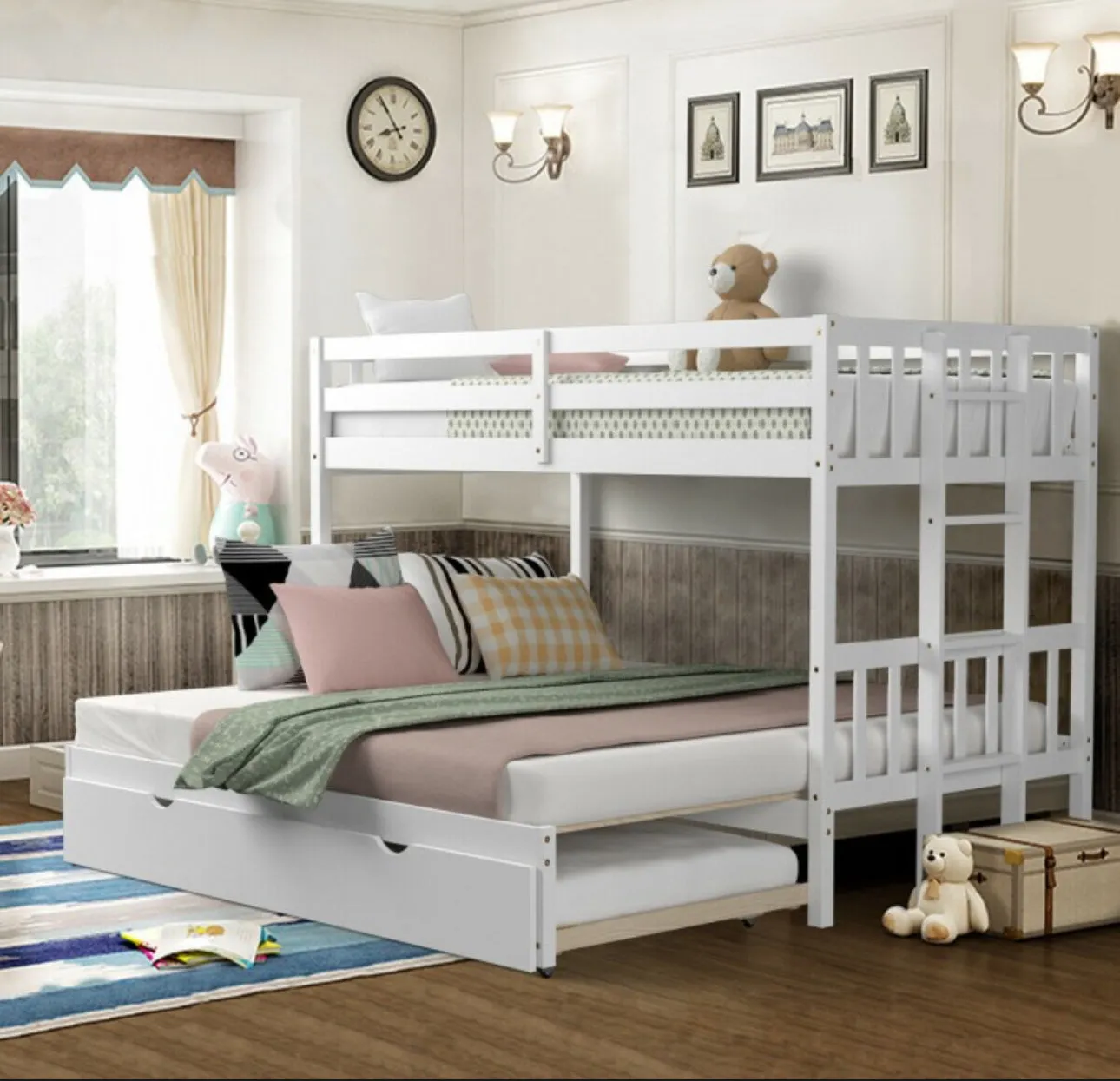 Heavy Duty Modern 4-in-1 Design Twin Pull-Out Bunk Bed With Trundle Wooden Ladder | High Guardrail | Sturdy Bed Board