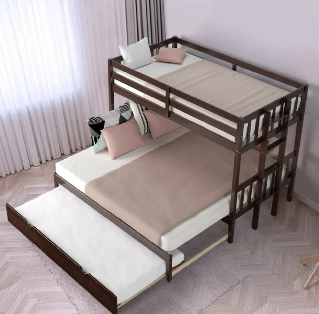 Heavy Duty Modern 4-in-1 Design Twin Pull-Out Bunk Bed With Trundle Wooden Ladder | High Guardrail | Sturdy Bed Board