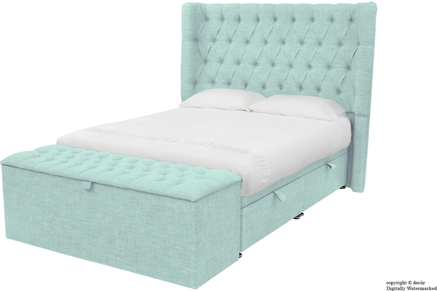 Hollyrood Linen Upholstered Winged Ottoman Bed - Sky Duck Egg Blue