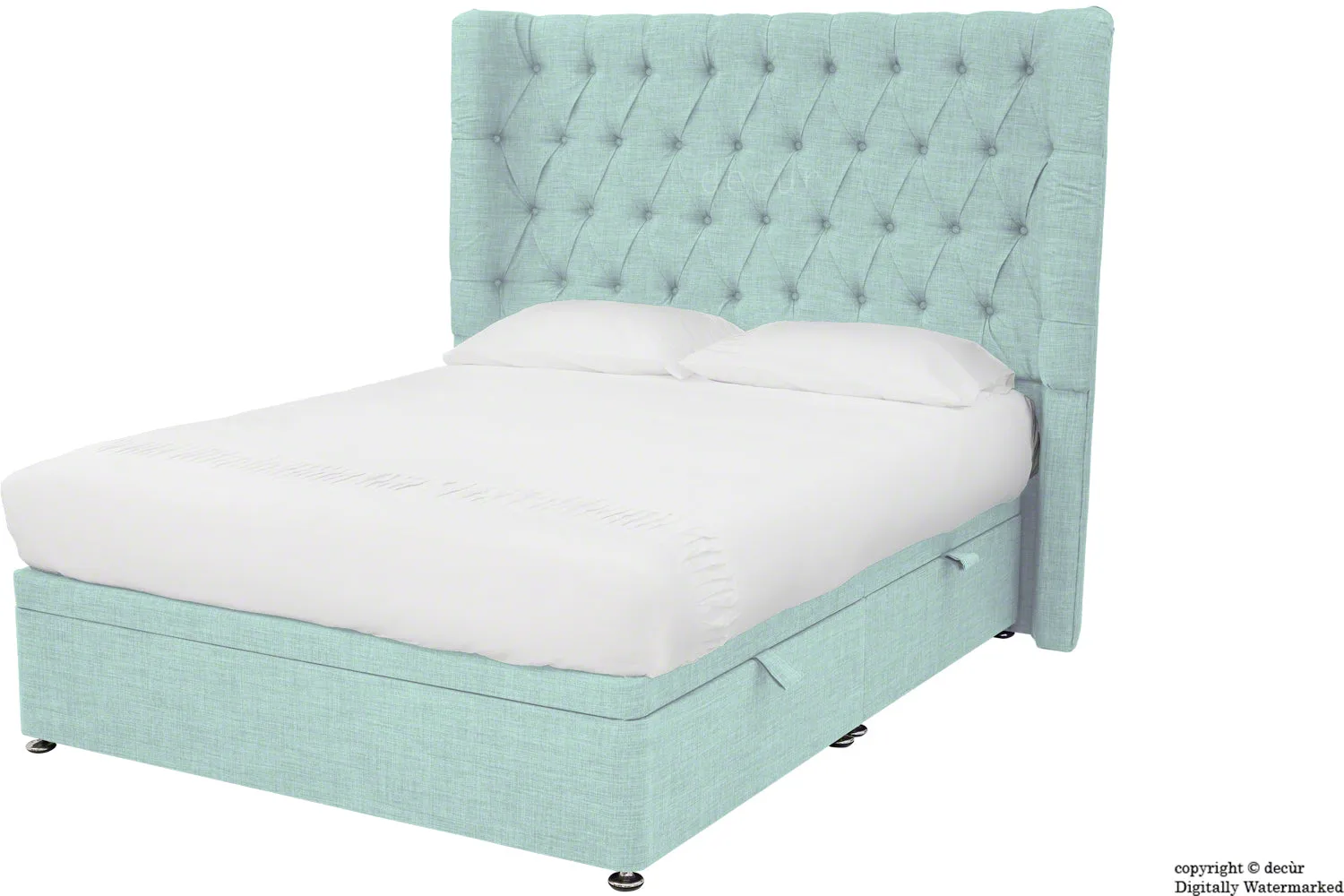 Hollyrood Linen Upholstered Winged Ottoman Bed - Sky Duck Egg Blue