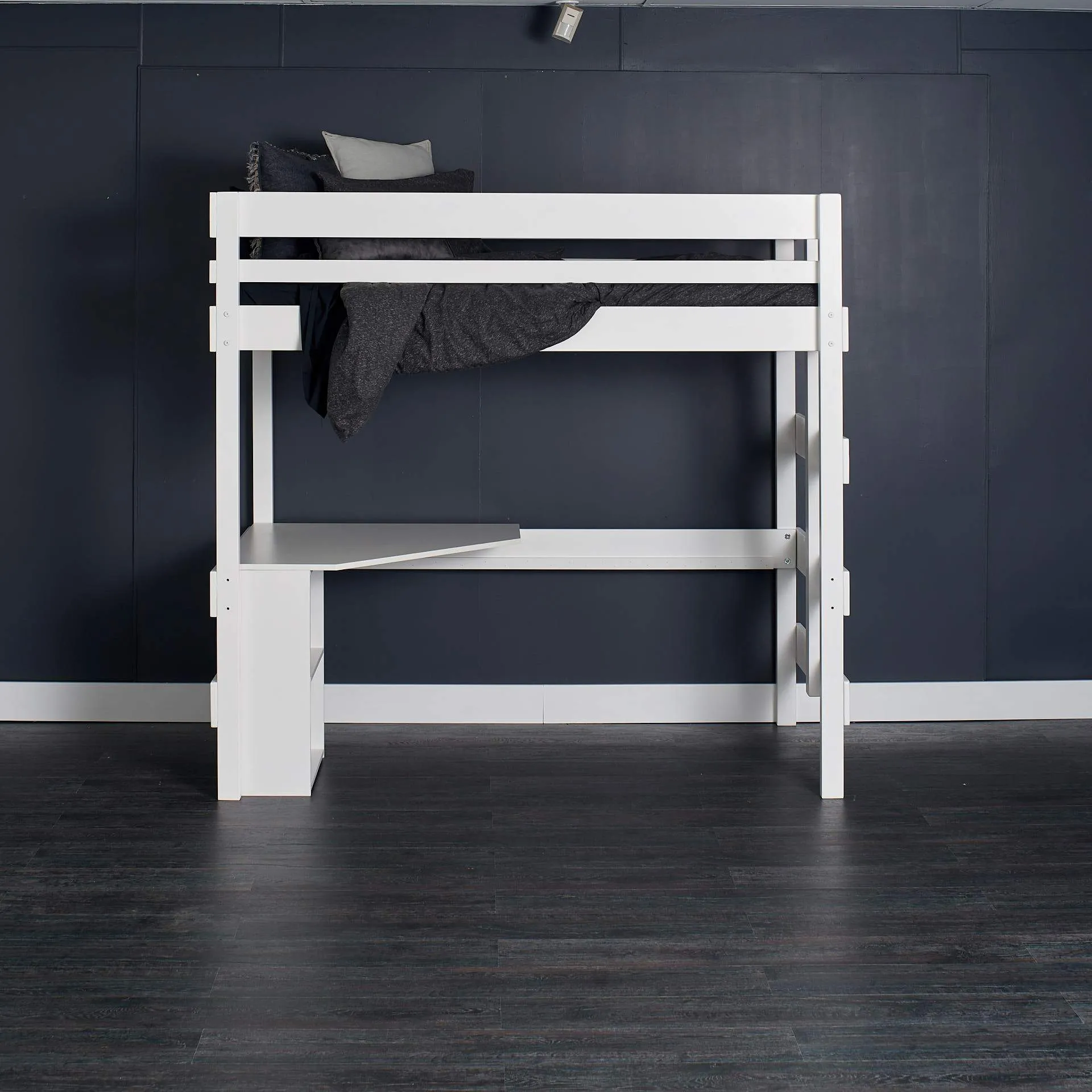 Loft Bed with Quad Desk and Pedestal Shelf Unit