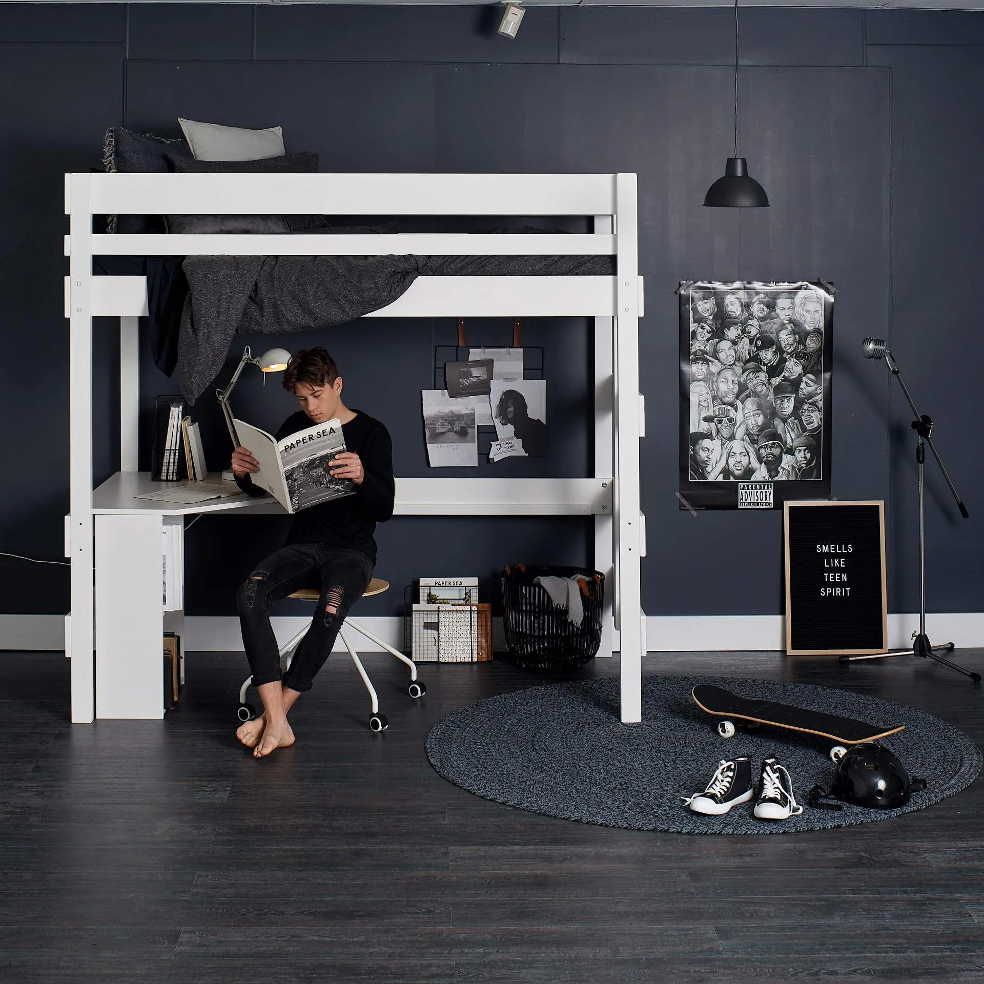 Loft Bed with Quad Desk and Pedestal Shelf Unit