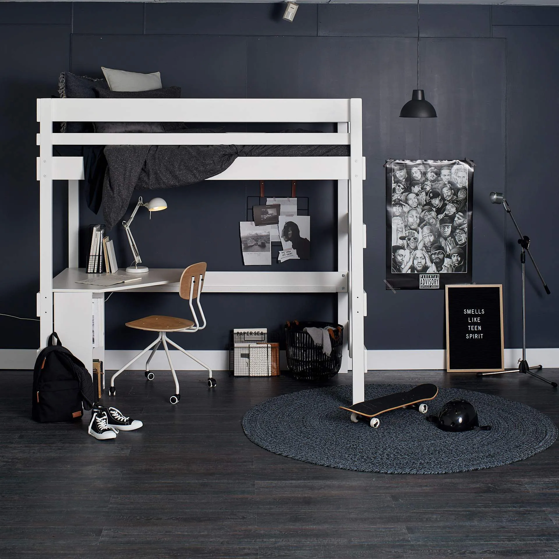 Loft Bed with Quad Desk and Pedestal Shelf Unit
