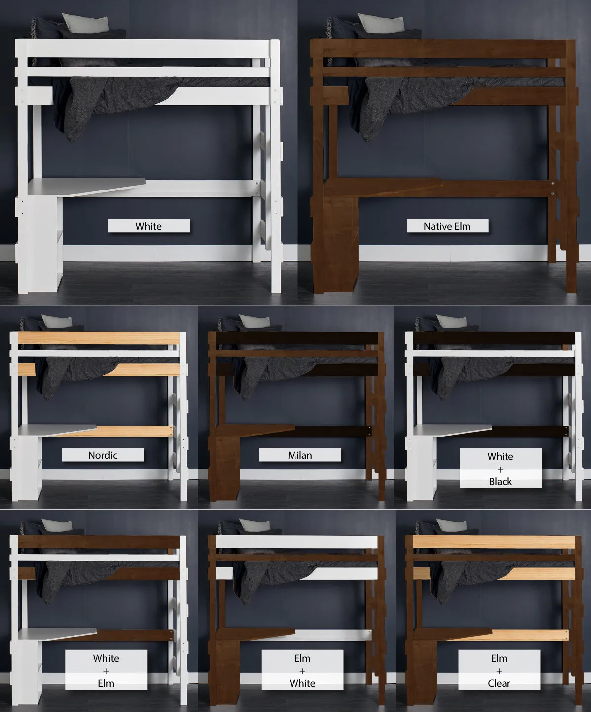 Loft Bed with Quad Desk and Pedestal Shelf Unit