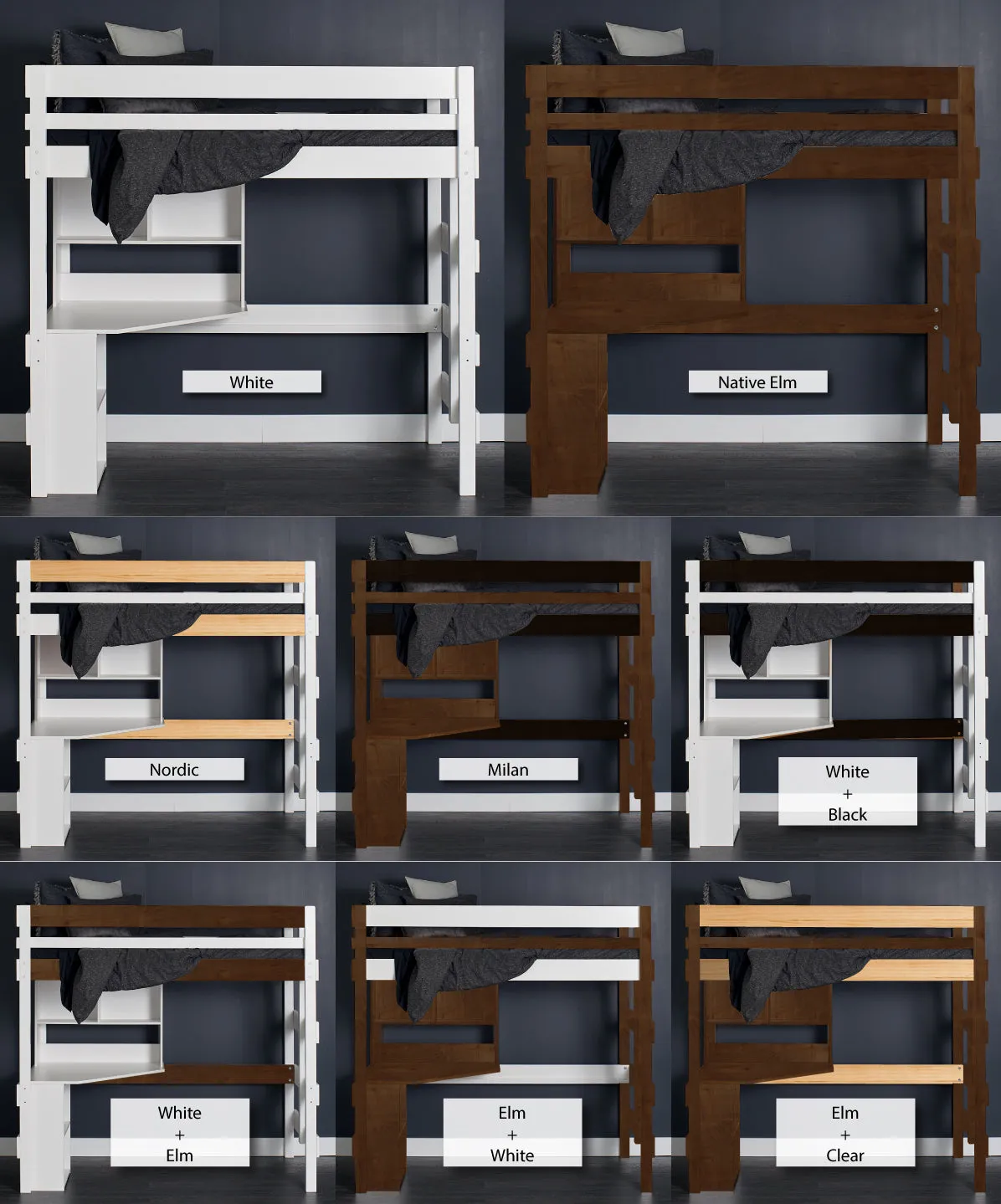 Loft Bed with Quad Desk   Pedestal Shelf Unit and Small Bookcase