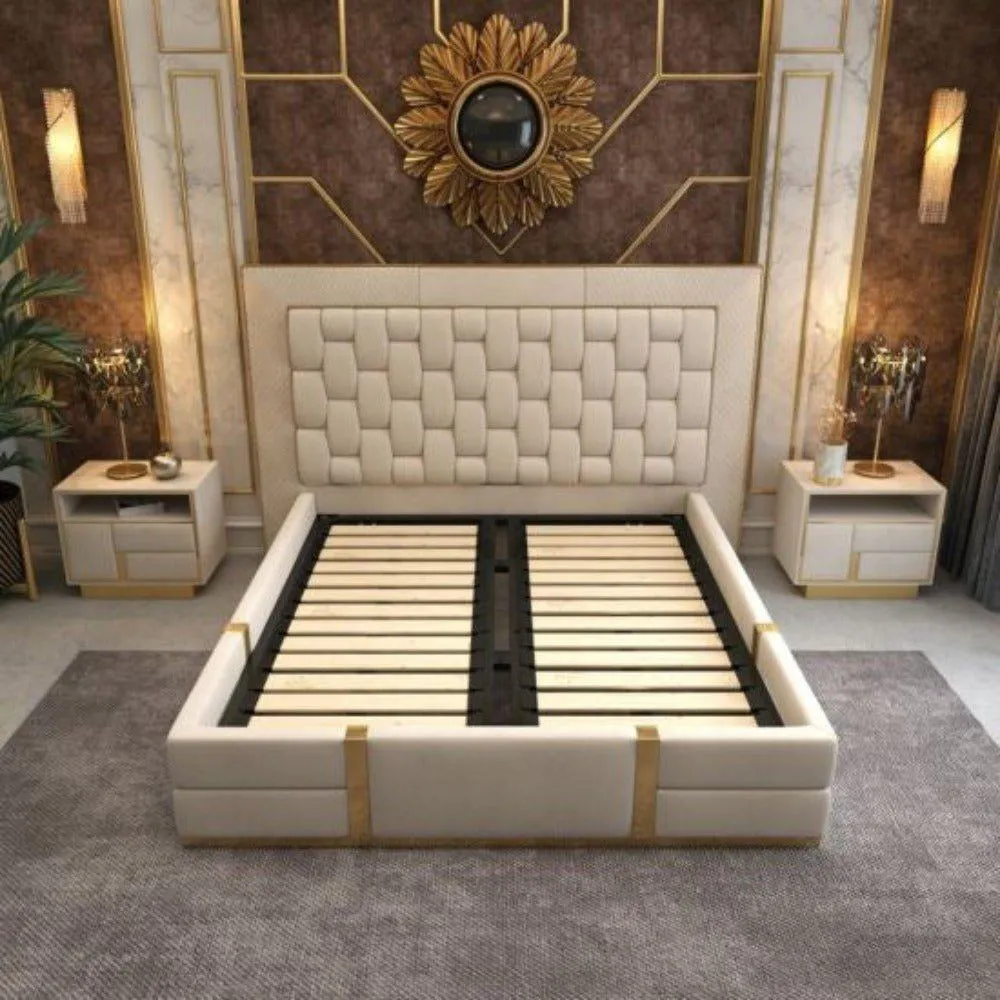 Max Upholstered Luxury Bed With Storage In Beige Suede