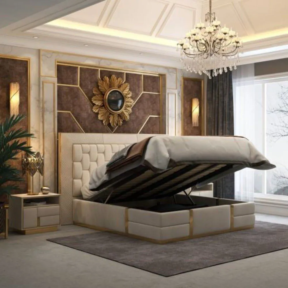 Max Upholstered Luxury Bed With Storage In Beige Suede