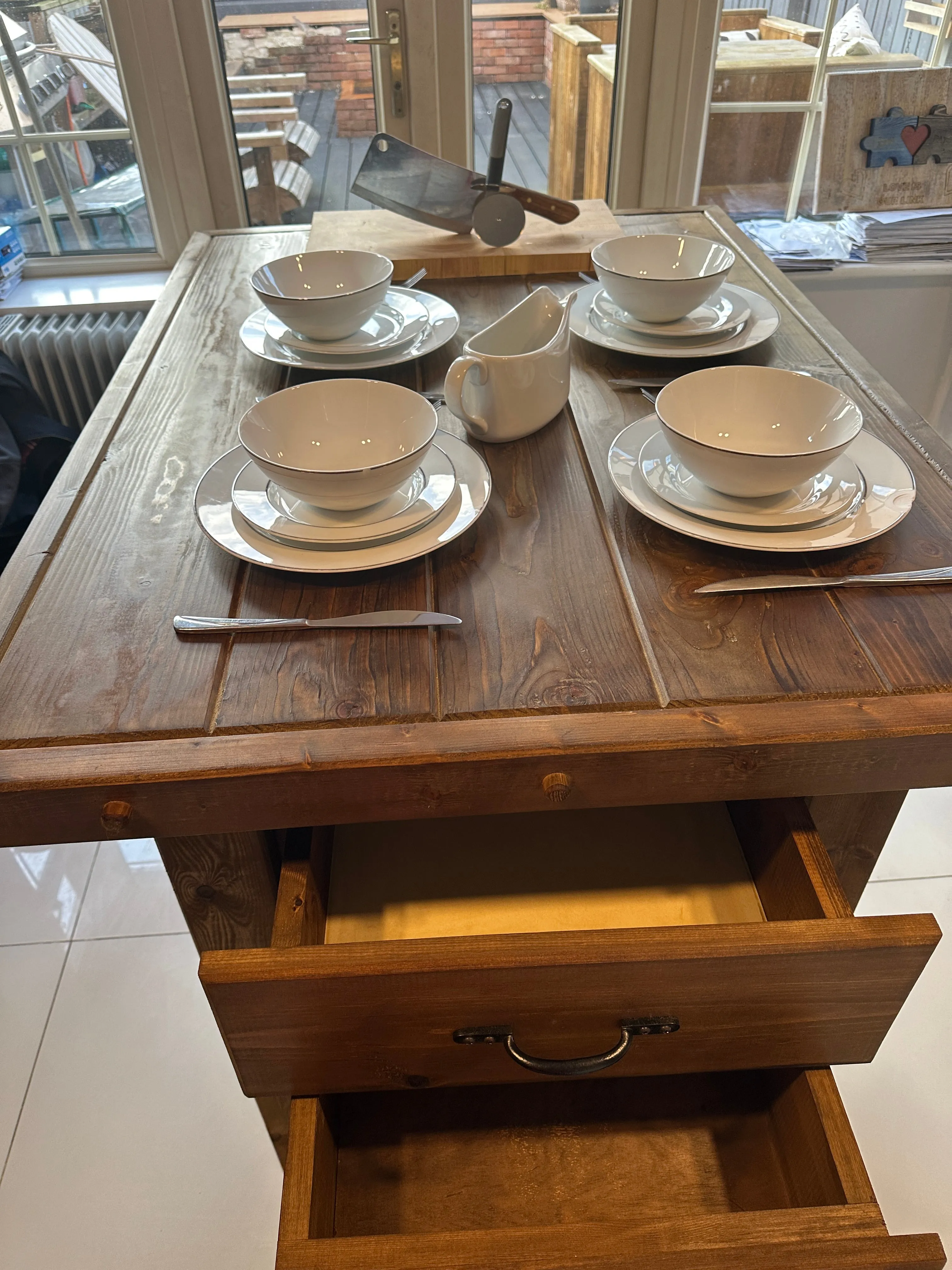 Solid Kitchen Island table. With Optional Built in Butchers Block, Drawers and Wine Rack